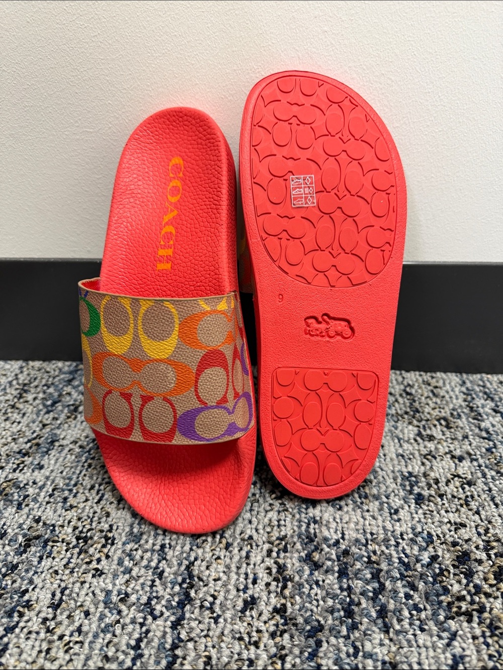 Coach Women Red Slide Sandals with Multicolor Signature Strap
